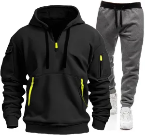 Mens Sweatsuits Two Hooded Pocket Pullover Sweater Pants Set Suits Men's Warm Up Suits Mens Velvet Top Black Track