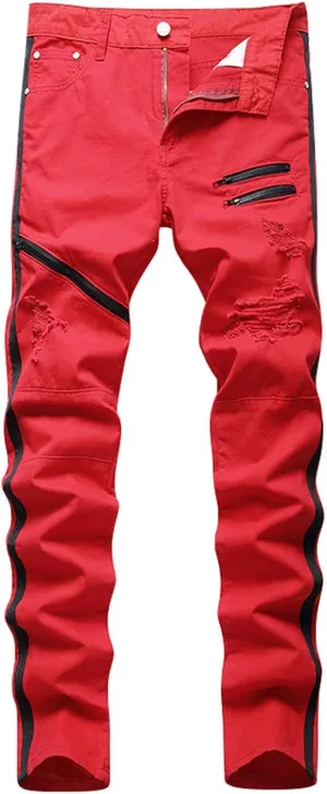 Men's Trousers Slim Casual Fit Ripped Straight Leg Plus Size Fashion Pants Middle Waist Denim Long Pants Mens Jeans