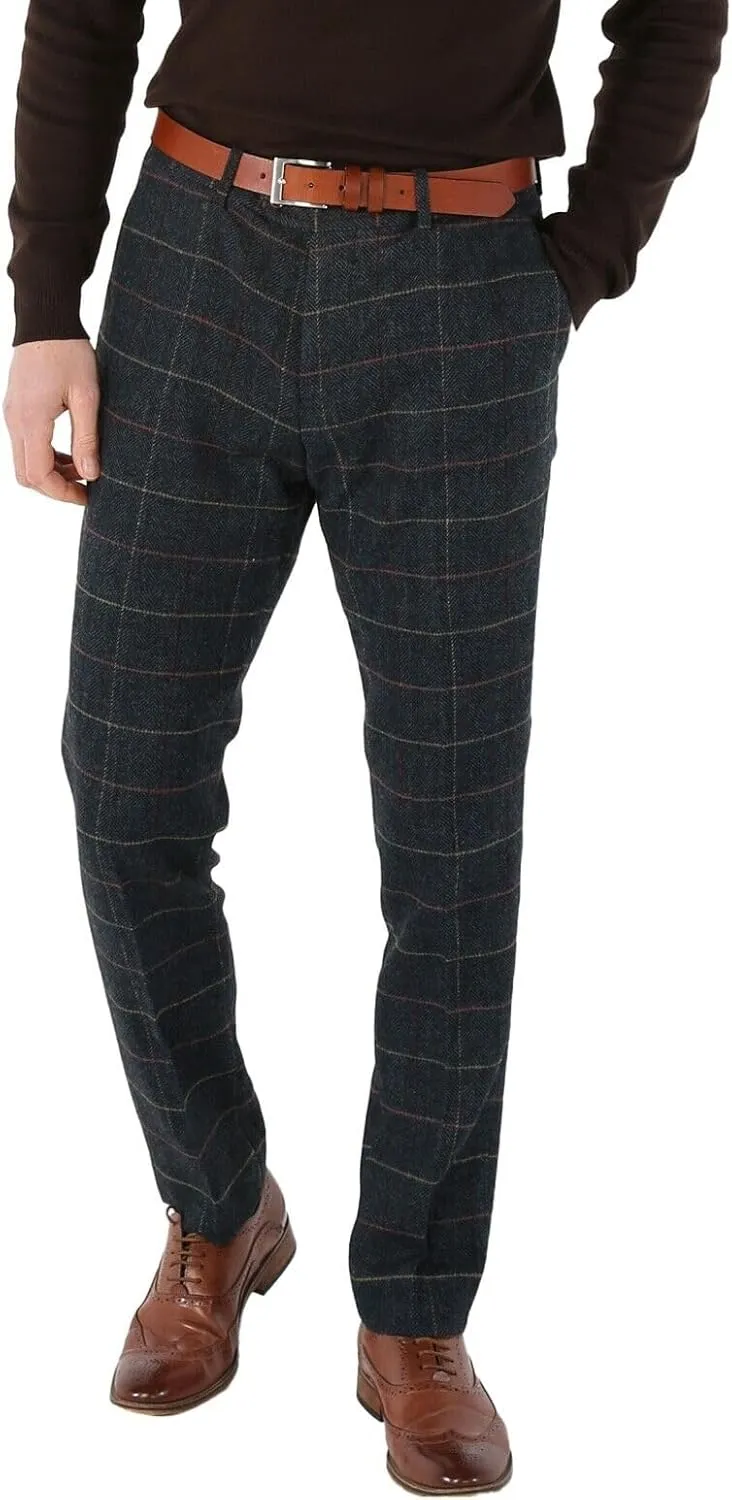 Men's Tweed Houndstooth Check Navy Blue Plaid Suit Trousers, for Weddings Business and Special Events Size 34