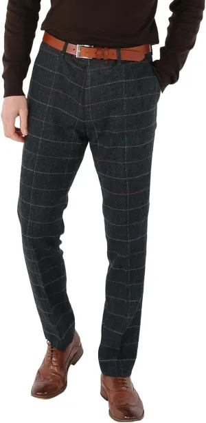 Men's Tweed Houndstooth Check Navy Blue Plaid Suit Trousers, for Weddings Business and Special Events Size 34