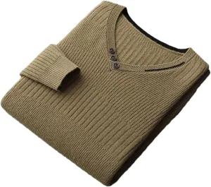 Men's V-Neck Wool Sweater Youth Loose Tops Casual Button Warm Long Sleeves Large Size Jumper