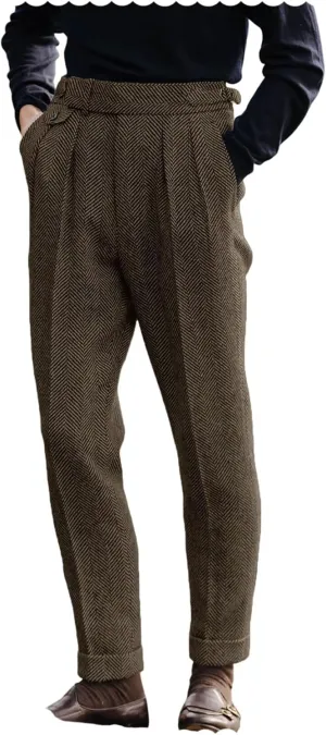 Men's Vintage Herringbone Tweed Pant High Waisted Dress Straight Trousers