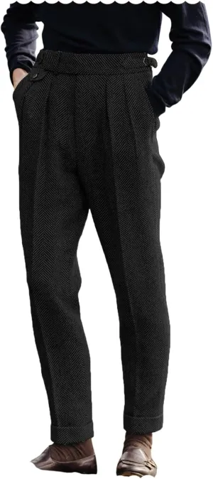 Men's Vintage Herringbone Tweed Pant High Waisted Dress Straight Trousers