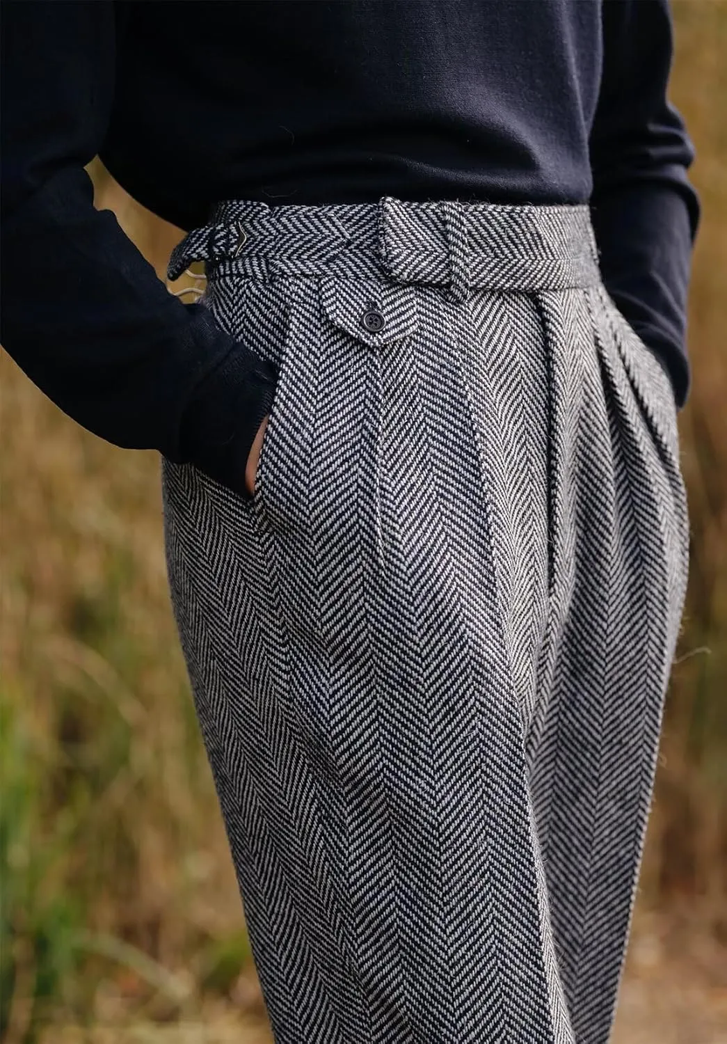 Men's Vintage Herringbone Tweed Pant High Waisted Dress Straight Trousers