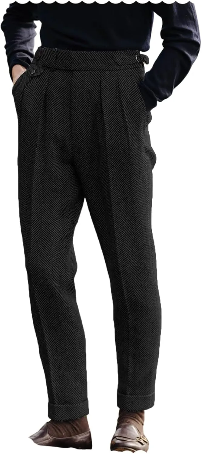 Men's Vintage Herringbone Tweed Pant High Waisted Dress Straight Trousers