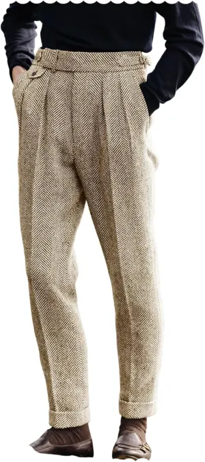 Men's Vintage Herringbone Tweed Pant High Waisted Dress Straight Trousers
