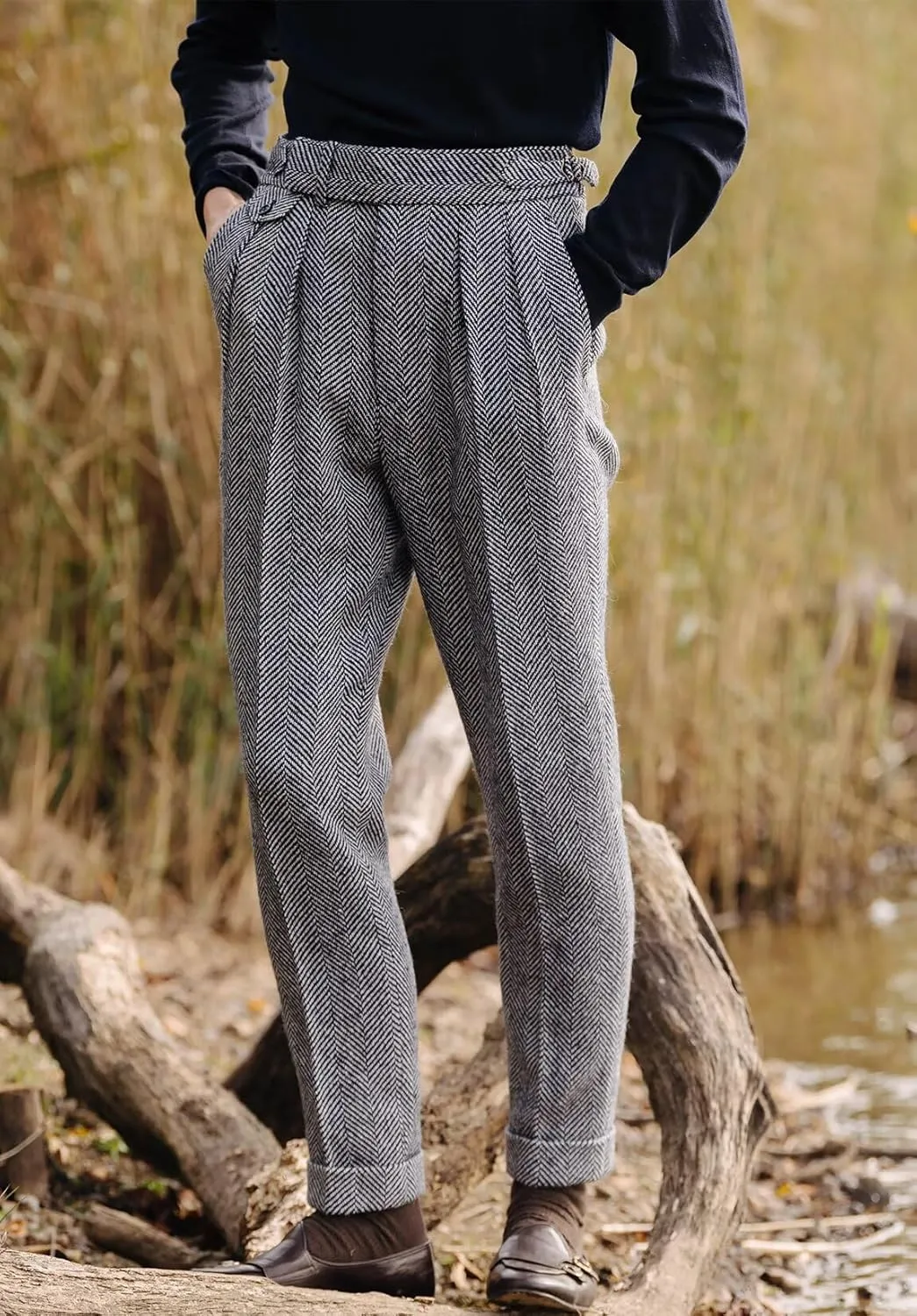 Men's Vintage Herringbone Tweed Pant High Waisted Dress Straight Trousers