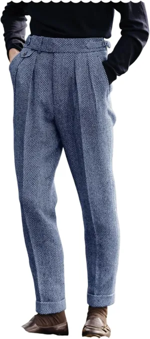 Men's Vintage Herringbone Tweed Pant High Waisted Dress Straight Trousers