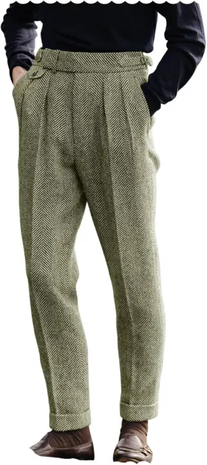 Men's Vintage Herringbone Tweed Pant High Waisted Dress Straight Trousers