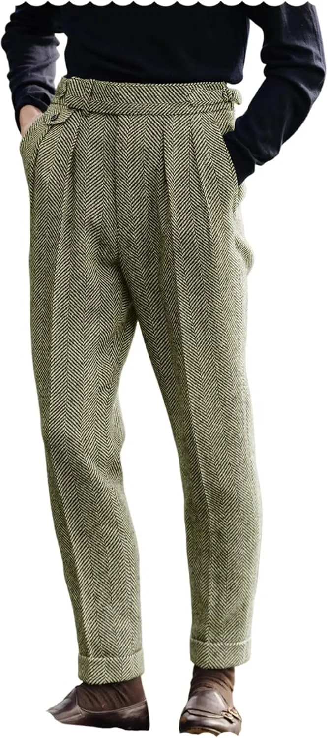 Men's Vintage Herringbone Tweed Pant High Waisted Dress Straight Trousers
