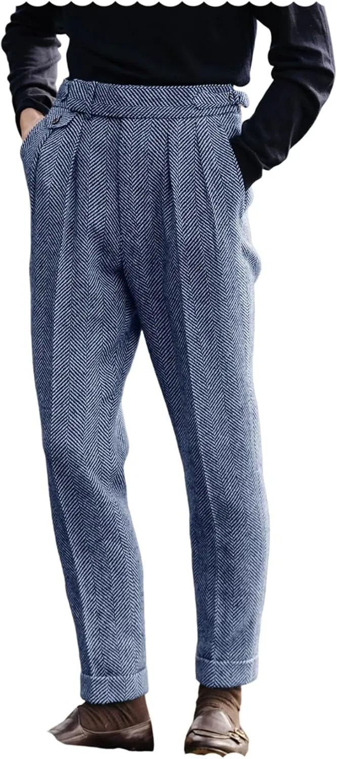 Men's Vintage Herringbone Tweed Pant High Waisted Dress Straight Trousers