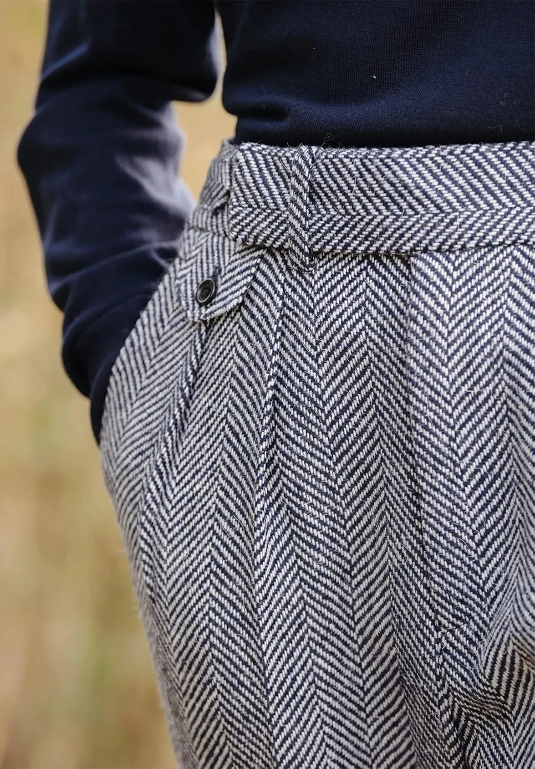 Men's Vintage Herringbone Tweed Pant High Waisted Dress Straight Trousers