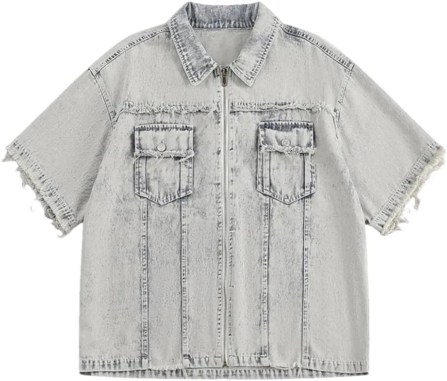 Mens Vintage Washed Denim Shirts Heavyweight Loose Short Sleeve Spliced Rough Selvedge Casual Tops