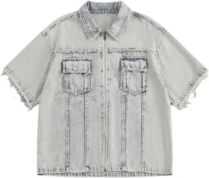 Mens Vintage Washed Denim Shirts Heavyweight Loose Short Sleeve Spliced Rough Selvedge Casual Tops