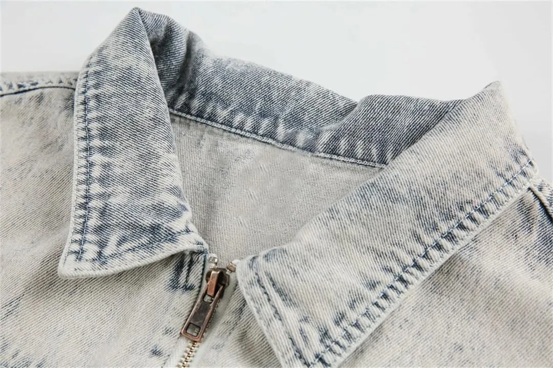 Mens Vintage Washed Denim Shirts Heavyweight Loose Short Sleeve Spliced Rough Selvedge Casual Tops
