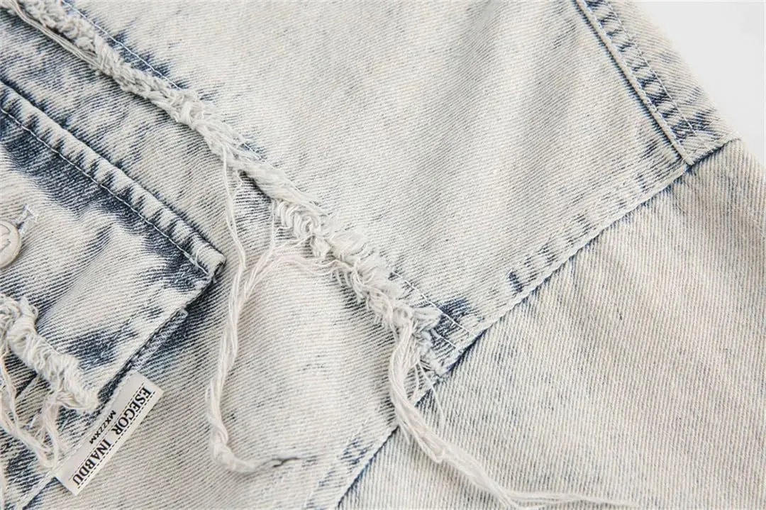 Mens Vintage Washed Denim Shirts Heavyweight Loose Short Sleeve Spliced Rough Selvedge Casual Tops