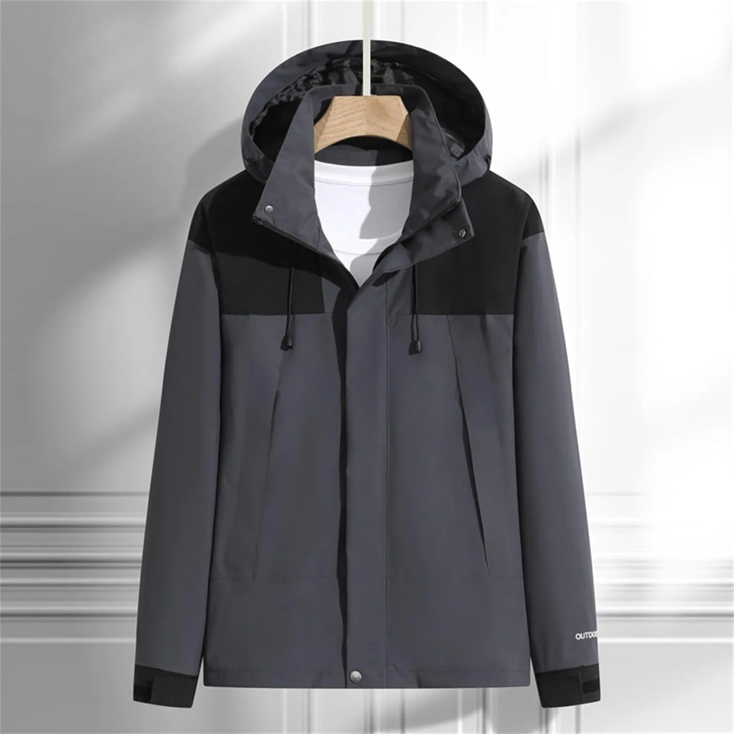 Men's Waterproof Soft Shell Jacket with Hooded Color Block Fishing Raincoat Hiking Jackets Lightweight Windbreaker