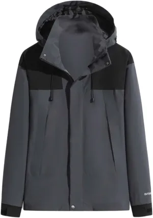 Men's Waterproof Soft Shell Jacket with Hooded Color Block Fishing Raincoat Hiking Jackets Lightweight Windbreaker