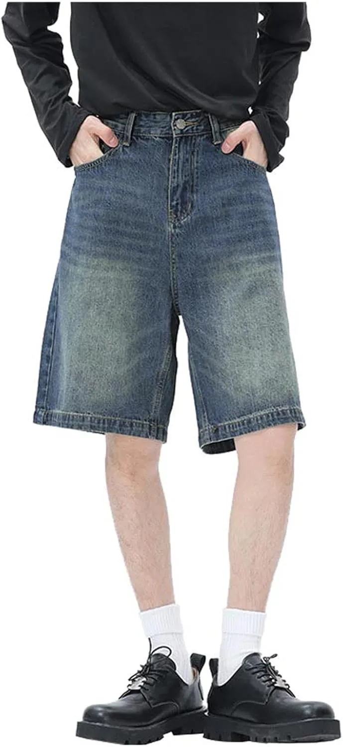 Mens Y2K Baggy Jean Shorts Summer Casual Hip Hop Skateboard Pants Loose Denim Shorts with Pockets Streetwear
