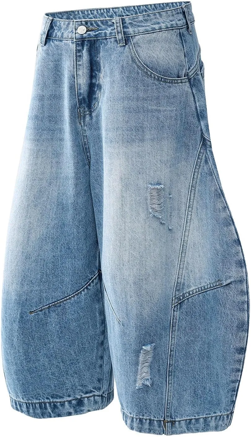 Mens Y2K Grunge Baggy Jean Shorts Casual Hip Hop Aesthetic Pants Loose Fit Denim Shorts Streetwear