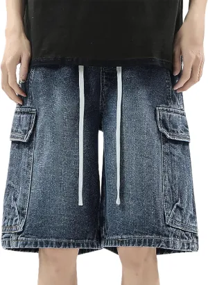 Mens Y2K Grunge Baggy Jean Shorts Wide Leg Hip Hop Skateboard Pants Loose Denim Shorts with Pockets Streetwear