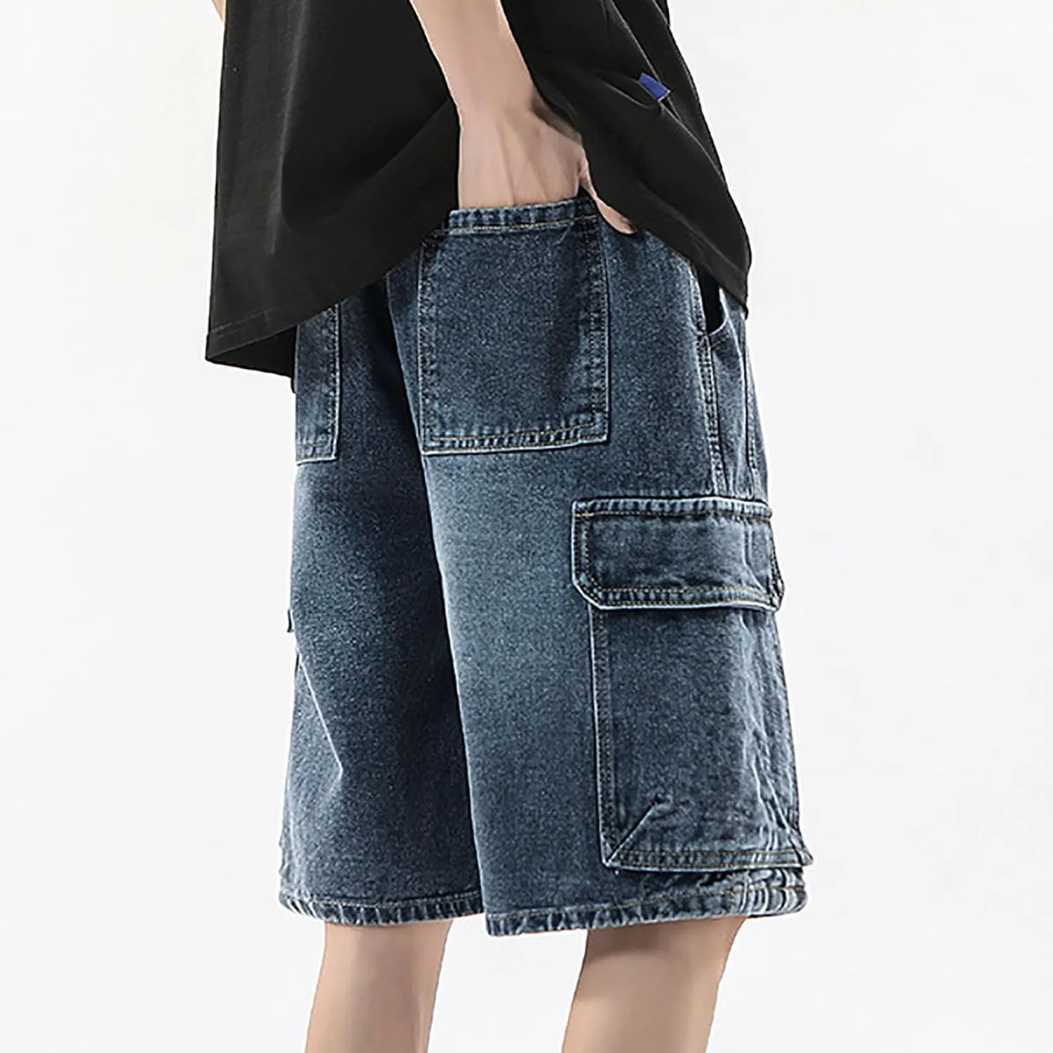 Mens Y2K Grunge Baggy Jean Shorts Wide Leg Hip Hop Skateboard Pants Loose Denim Shorts with Pockets Streetwear