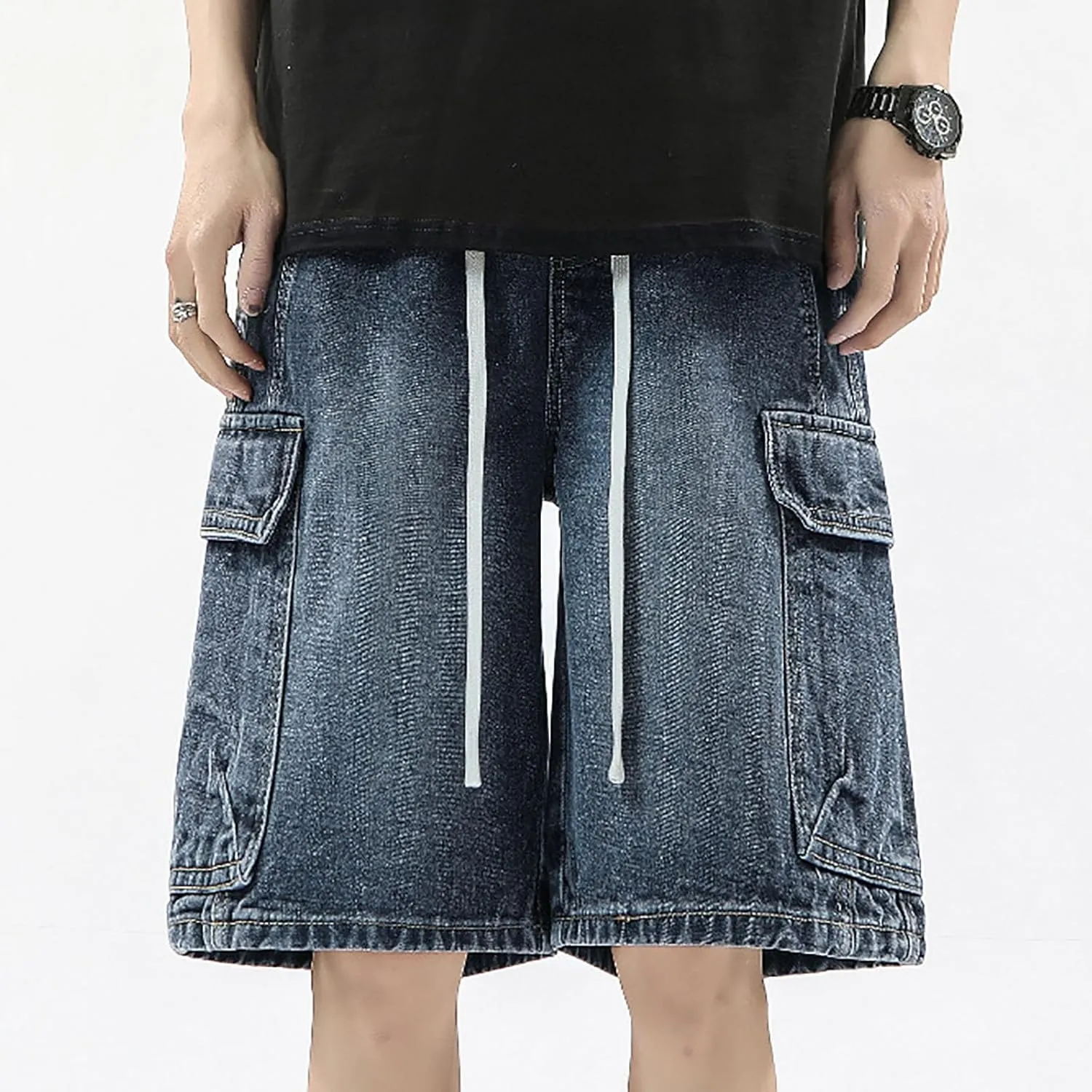 Mens Y2K Grunge Baggy Jean Shorts Wide Leg Hip Hop Skateboard Pants Loose Denim Shorts with Pockets Streetwear