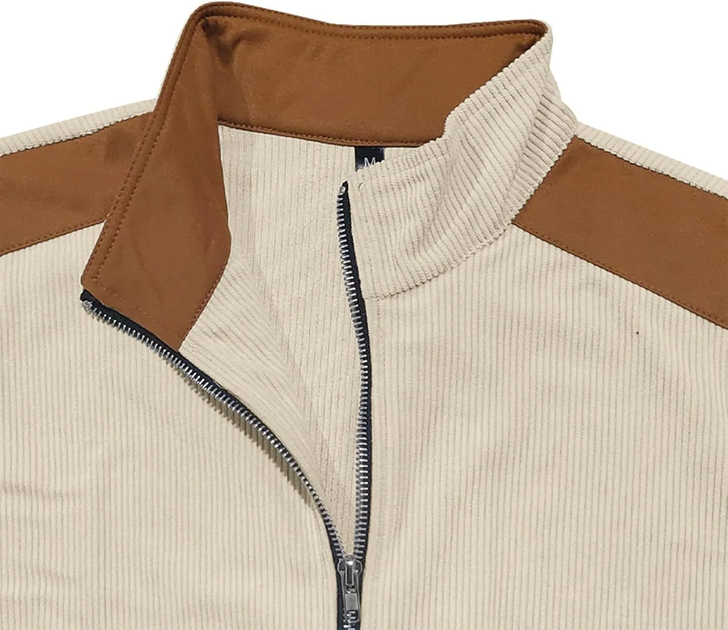Mens Zip Up Jacket Casual Stand Collar Long Sleeve Corduroy Coat With Elbow Patch Loose Patchwork Streetwear Jackets