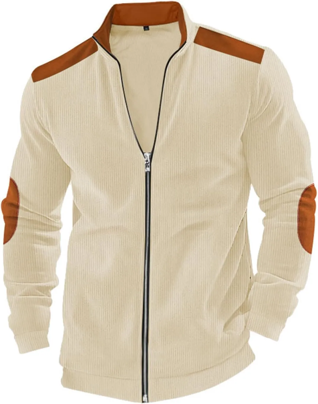 Mens Zip Up Jacket Casual Stand Collar Long Sleeve Corduroy Coat With Elbow Patch Loose Patchwork Streetwear Jackets