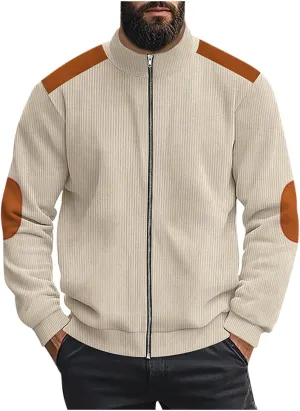 Mens Zip Up Jacket Casual Stand Collar Long Sleeve Corduroy Coat With Elbow Patch Loose Patchwork Streetwear Jackets