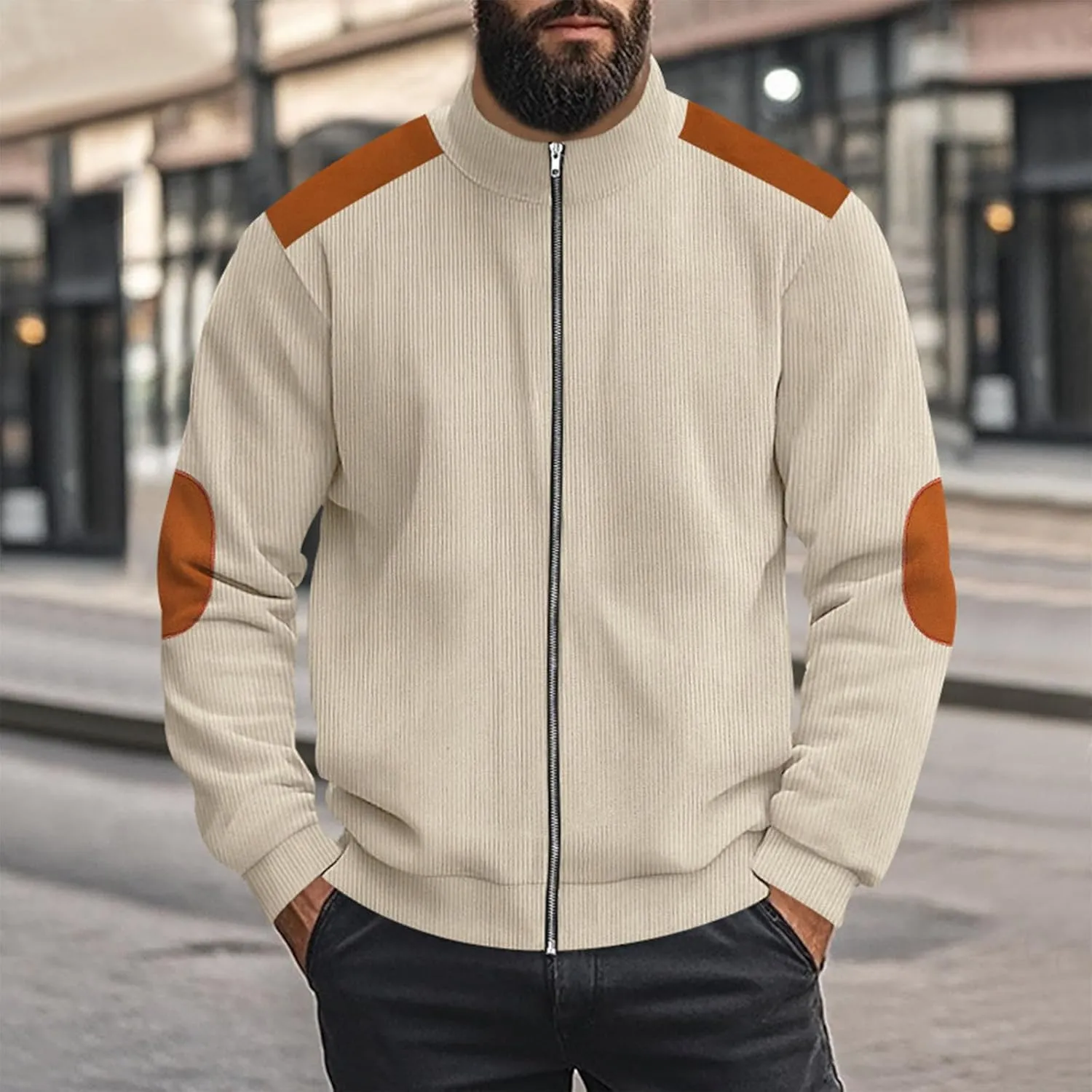 Mens Zip Up Jacket Casual Stand Collar Long Sleeve Corduroy Coat With Elbow Patch Loose Patchwork Streetwear Jackets