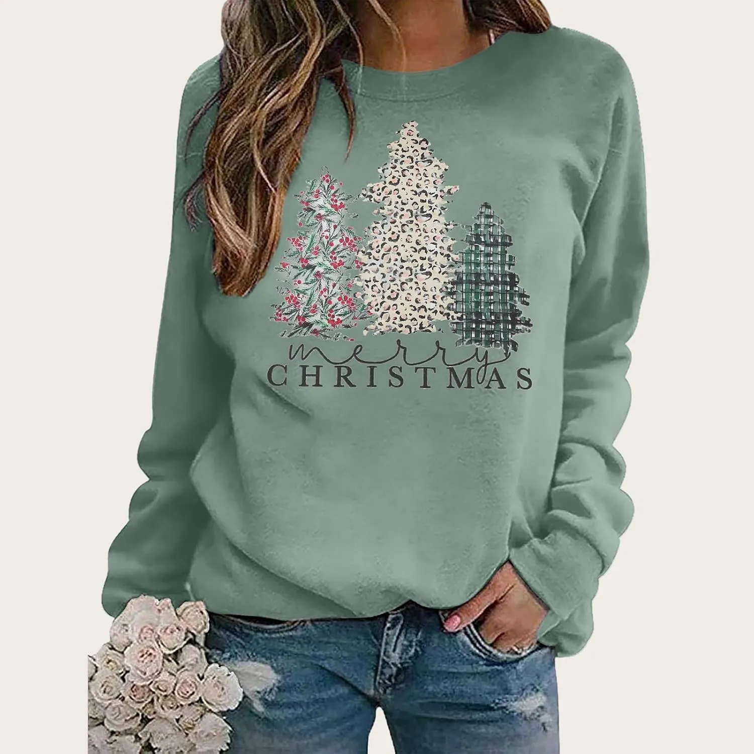 Merry Christmas Sweatshirt for Women 2024 Xmas Tree Fashion Graphic Shirt Holiday Long Sleeve Crewneck Pullover Tops