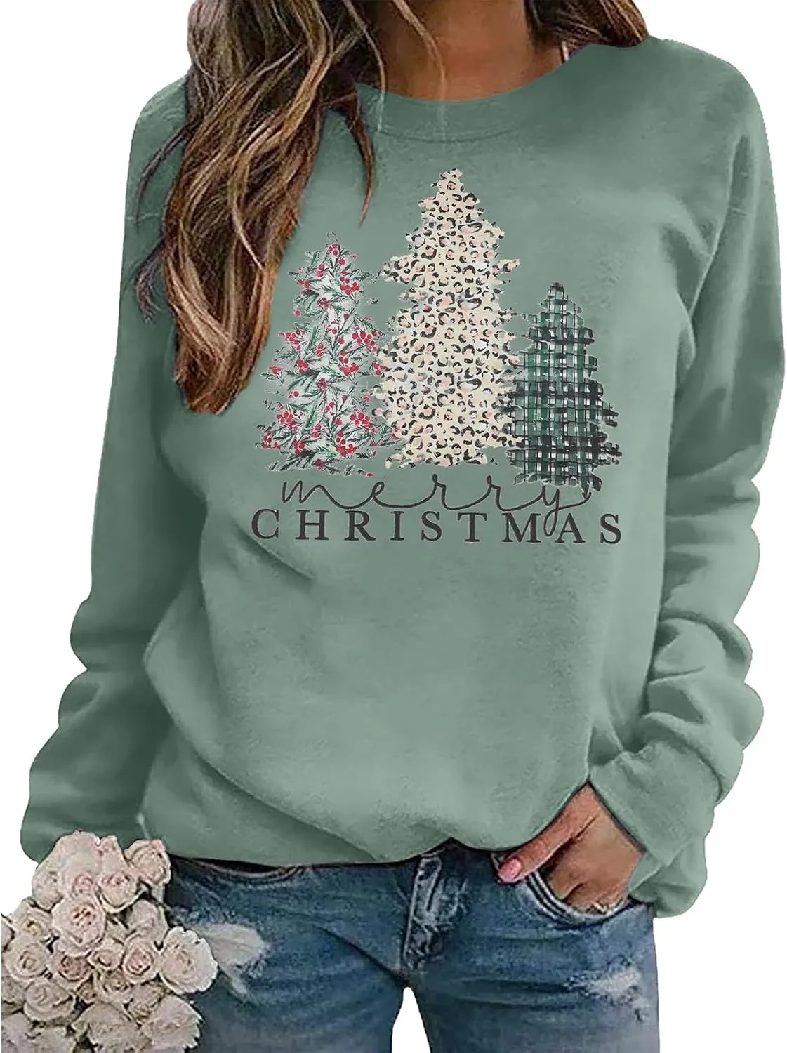 Merry Christmas Sweatshirt for Women 2024 Xmas Tree Fashion Graphic Shirt Holiday Long Sleeve Crewneck Pullover Tops