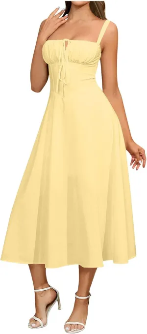 Midi Corset Dress Womens Boho Flowy Slit Lace Up Dresses for Women Going Out A Line Casual Sundress Beach