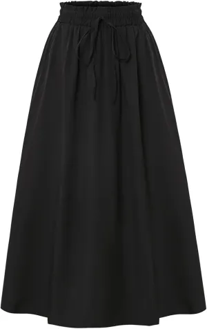 Midi Linen Skirts for Women Summer Drawstring Elastic High Waisted A-Line Smocked Beach Knee Length Skirt with Pockets