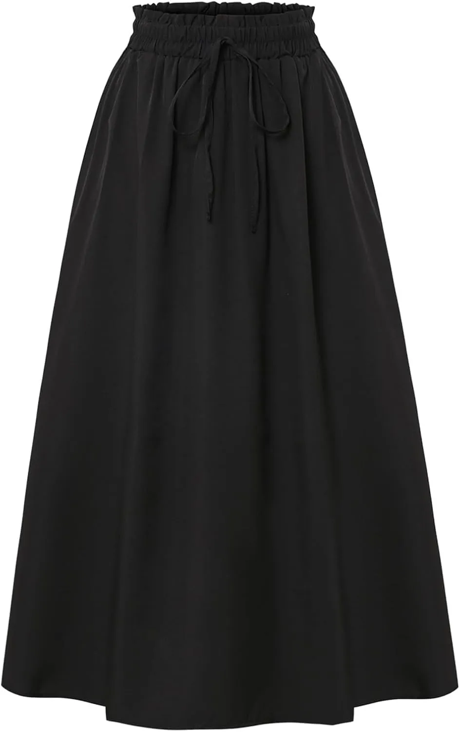 Midi Linen Skirts for Women Summer Drawstring Elastic High Waisted A-Line Smocked Beach Knee Length Skirt with Pockets