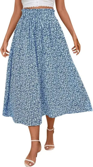 Midi Linen Skirts for Women Summer Drawstring Elastic High Waisted A-Line Smocked Beach Knee Length Skirt with Pockets