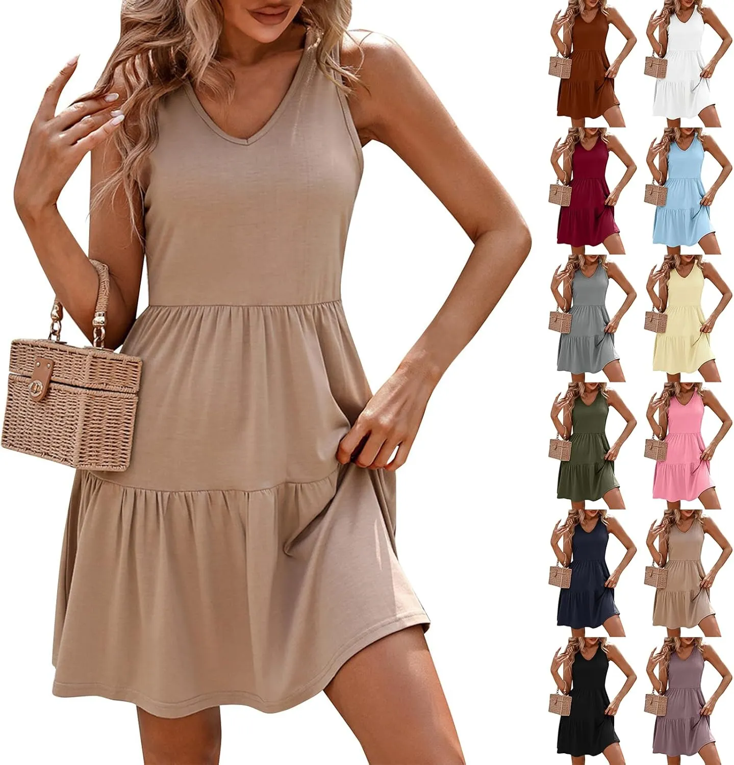 Mini Dresses for Women Cute Summer Flowy Swing Ruffle Tiered Tank Dress Beach Vacation Sleeveless V Neck Sundress