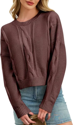 MISSACTIVER Women Loose Cable Knit Crop Sweater Crew Neck Long Sleeve Chunky Knitted Pullovers Comfy Fall Winter Cropped Tops