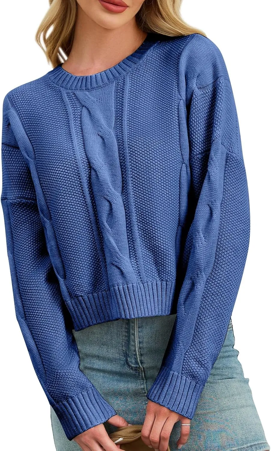 MISSACTIVER Women Loose Cable Knit Crop Sweater Crew Neck Long Sleeve Chunky Knitted Pullovers Comfy Fall Winter Cropped Tops