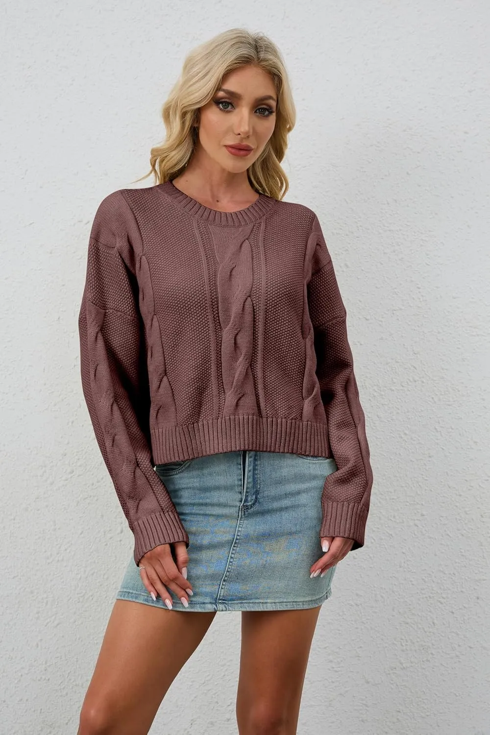 MISSACTIVER Women Loose Cable Knit Crop Sweater Crew Neck Long Sleeve Chunky Knitted Pullovers Comfy Fall Winter Cropped Tops
