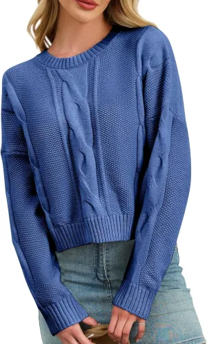 MISSACTIVER Women Loose Cable Knit Crop Sweater Crew Neck Long Sleeve Chunky Knitted Pullovers Comfy Fall Winter Cropped Tops
