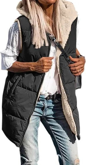 Mmoneyake Womens 2023 Fall Reversible Vests/Coats Loose Fleece Long Hooded Jackets Zip Up Hoodie Pockets Long Coat Outerwear