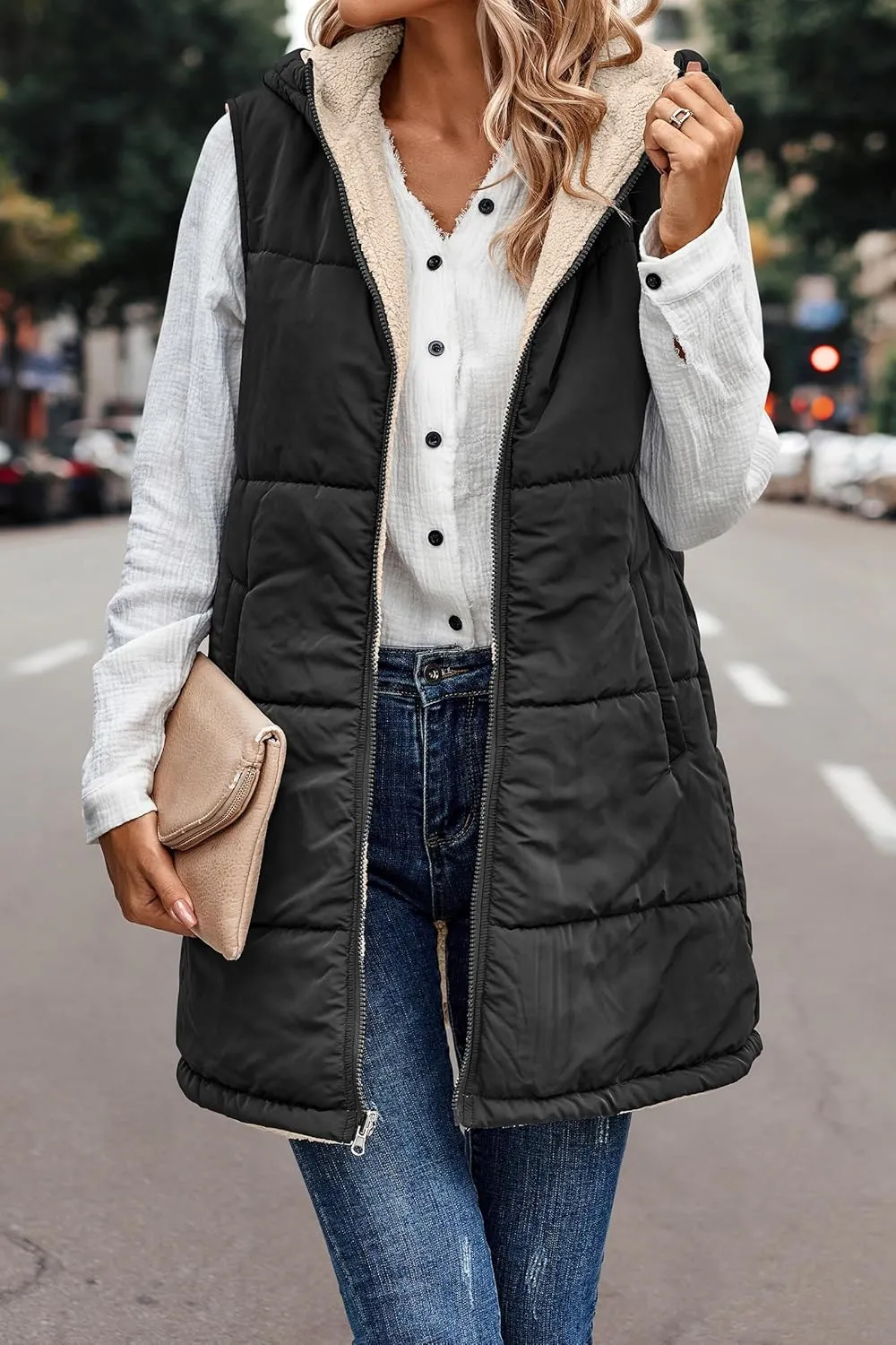 Mmoneyake Womens 2023 Fall Reversible Vests/Coats Loose Fleece Long Hooded Jackets Zip Up Hoodie Pockets Long Coat Outerwear