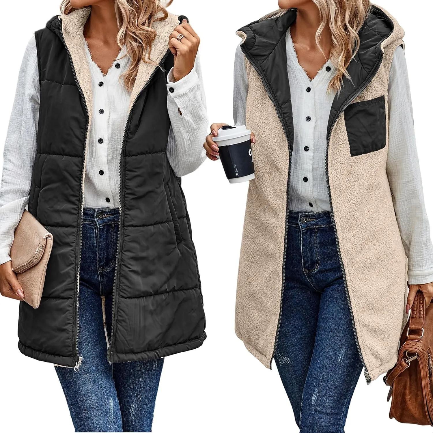 Mmoneyake Womens 2023 Fall Reversible Vests/Coats Loose Fleece Long Hooded Jackets Zip Up Hoodie Pockets Long Coat Outerwear