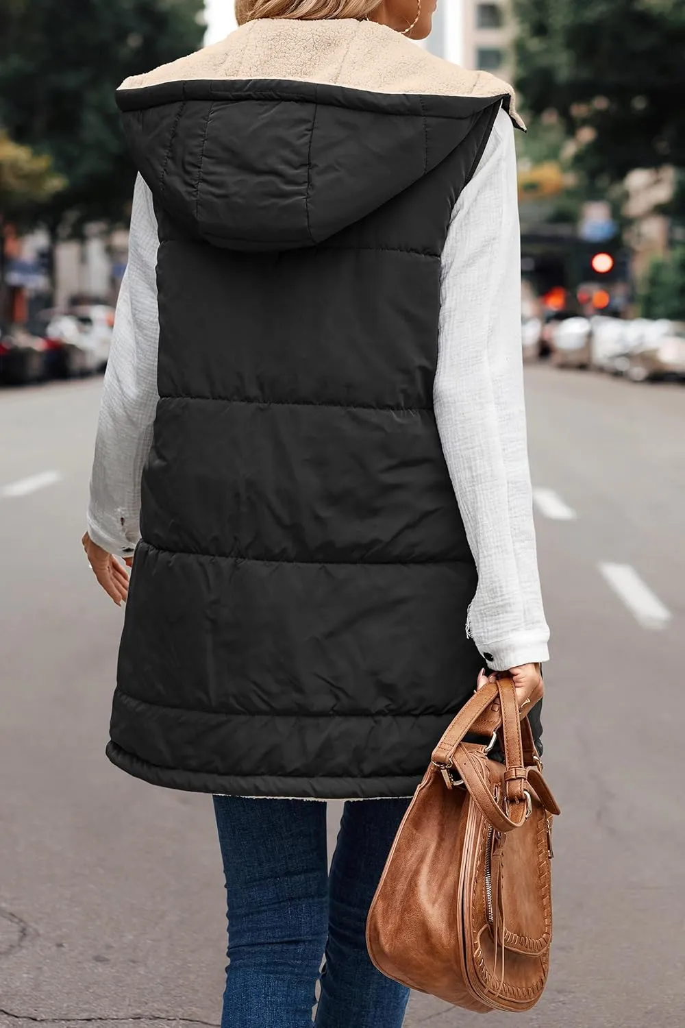 Mmoneyake Womens 2023 Fall Reversible Vests/Coats Loose Fleece Long Hooded Jackets Zip Up Hoodie Pockets Long Coat Outerwear