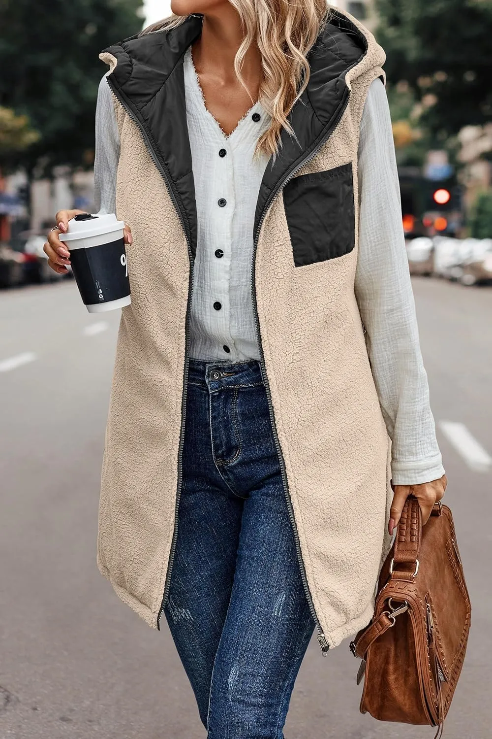 Mmoneyake Womens 2023 Fall Reversible Vests/Coats Loose Fleece Long Hooded Jackets Zip Up Hoodie Pockets Long Coat Outerwear