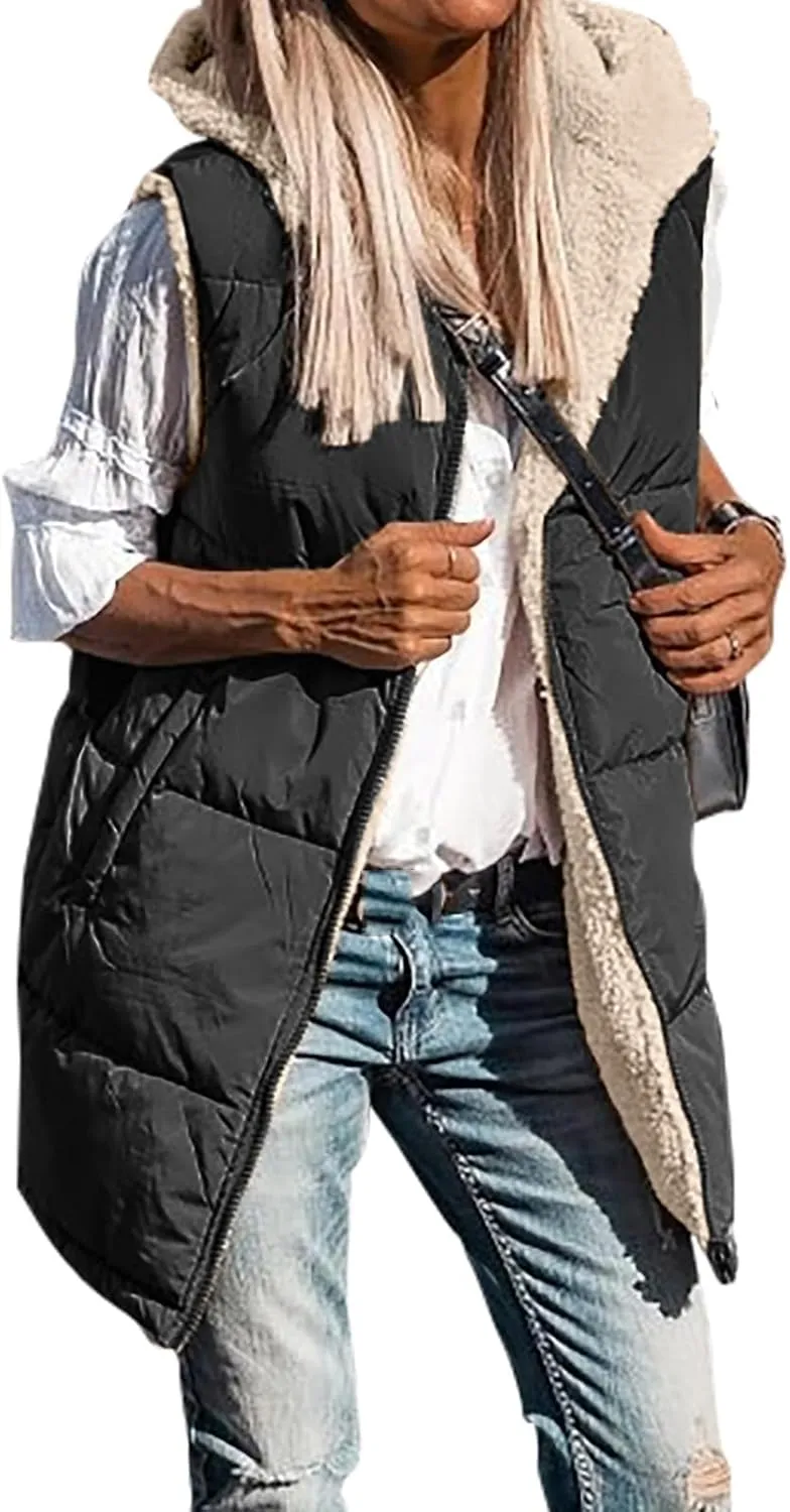 Mmoneyake Womens 2023 Fall Reversible Vests/Coats Loose Fleece Long Hooded Jackets Zip Up Hoodie Pockets Long Coat Outerwear
