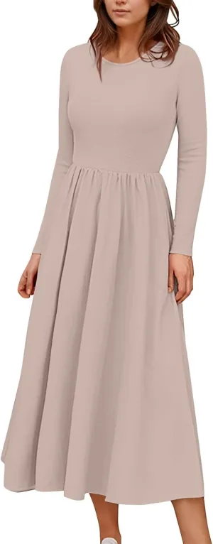 Modest Long Sleeve Dress for Women Elegant Crewneck Maxi Wrap Dress A Line Pleated Wedding Guest Dress with Pockets