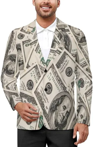 Money American Hundred Dollar Bills Mens Blazer Suit Jacket Lightweight Slim Fit Casual Coat